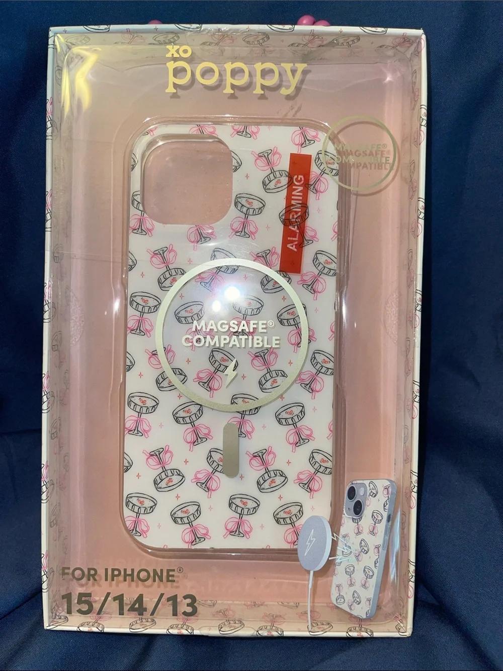 Xo Poppy White with Black Martinis & Pink Ribbon iPhone Case for iPhone 15/14/13